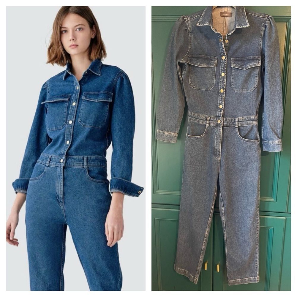 DL1961 Freja Denim Jumpsuit Romper Utility Blue Jeans Sz XS Cropped Straight Leg